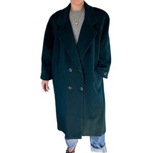 Vintage Ann Milstein Emerald Green Wool Exaggerated Shoulders Trench Coat Sz XL